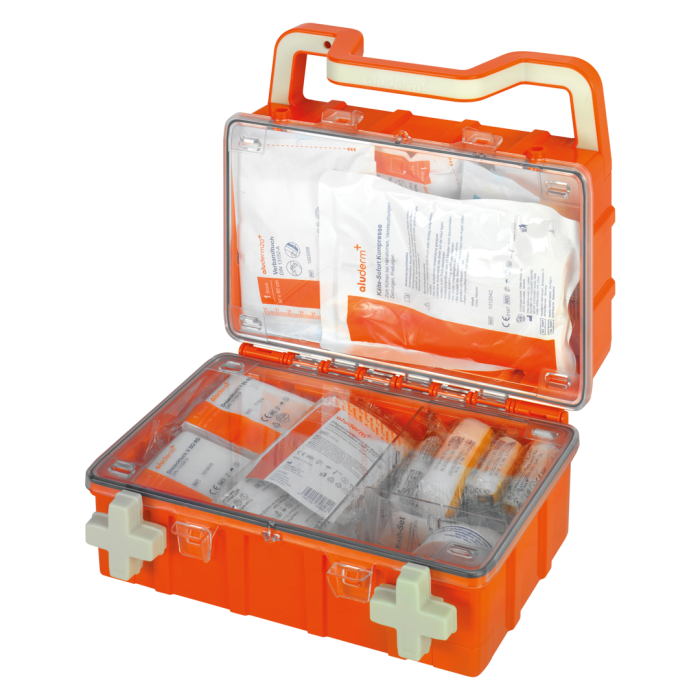 Kit de primeiros socorros laranja DYNAMIC-GLOW S norma DIN 13157 | Mala (1 peça)