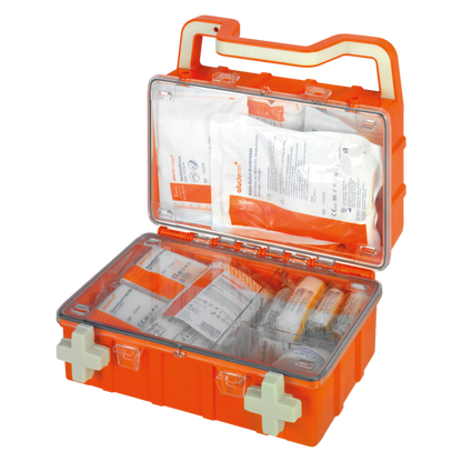 Kit de primeiros socorros laranja DYNAMIC-GLOW S norma DIN 13157 | Mala (1 peça)