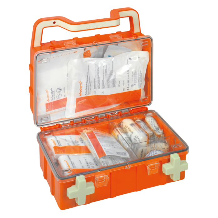 Kit de primeiros socorros laranja DYNAMIC-GLOW S norma DIN 13157 | Mala (1 peça)