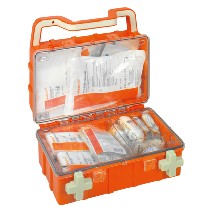 Kit de primeiros socorros laranja DYNAMIC-GLOW S norma DIN 13157 | Mala (1 peça)
