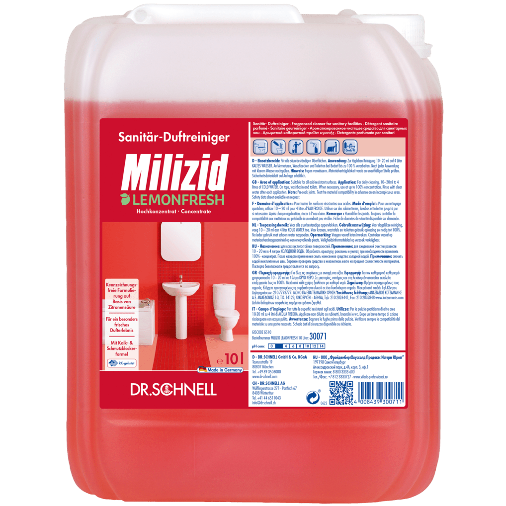 Um recipiente de 10 litros de Dr. Schnell MILIZID LEMONFRESH da DR.SCHNELL GmbH & Co. KGaA, um poderoso concentrado de limpeza sanitária com aroma de limão, exibe um rótulo vermelho com informações do produto, bem como imagens de um vaso sanitário e de uma pia.