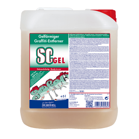 Um recipiente de 5 L Dr. Schnell O removedor de graffiti SC GEL da DR.SCHNELL GmbH & Co. KGaA apresenta um rótulo verde e vermelho com instruções de utilização e um desenho de graffiti — ideal para a remoção eficaz de graffiti.