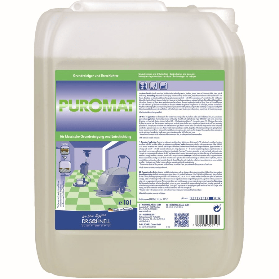 Um recipiente de plástico de 10 litros com Dr. Schnell PUROMAT limpador de chão e desincrustante da DR.SCHNELL GmbH & Co. KGaA, com informações do produto e instruções em alemão no rótulo frontal, para aplicações de limpeza profissional.