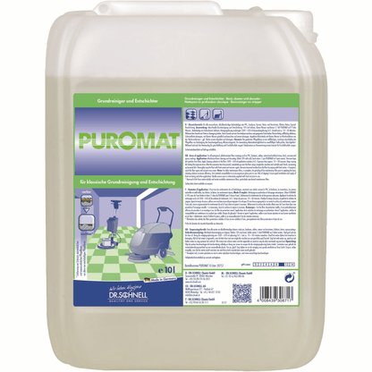 Um recipiente de plástico de 10 litros com Dr. Schnell PUROMAT limpador de chão e desincrustante da DR.SCHNELL GmbH & Co. KGaA, com informações do produto e instruções em alemão no rótulo frontal, para aplicações de limpeza profissional.