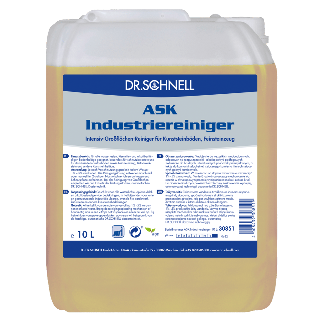 Um recipiente de plástico de 10 litros da Dr. Schnell ASK INDUSTRIEREINIGER da DR.SCHNELL GmbH & Co. KGaA, um limpador de óleo e gordura profissional para pisos de plástico e grés porcelânico, com informações do produto e instruções de uso em alemão no rótulo.