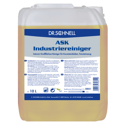 Um recipiente de plástico de 10 litros da Dr. Schnell ASK INDUSTRIEREINIGER da DR.SCHNELL GmbH & Co. KGaA, um limpador de óleo e gordura profissional para pisos de plástico e grés porcelânico, com informações do produto e instruções de uso em alemão no rótulo.
