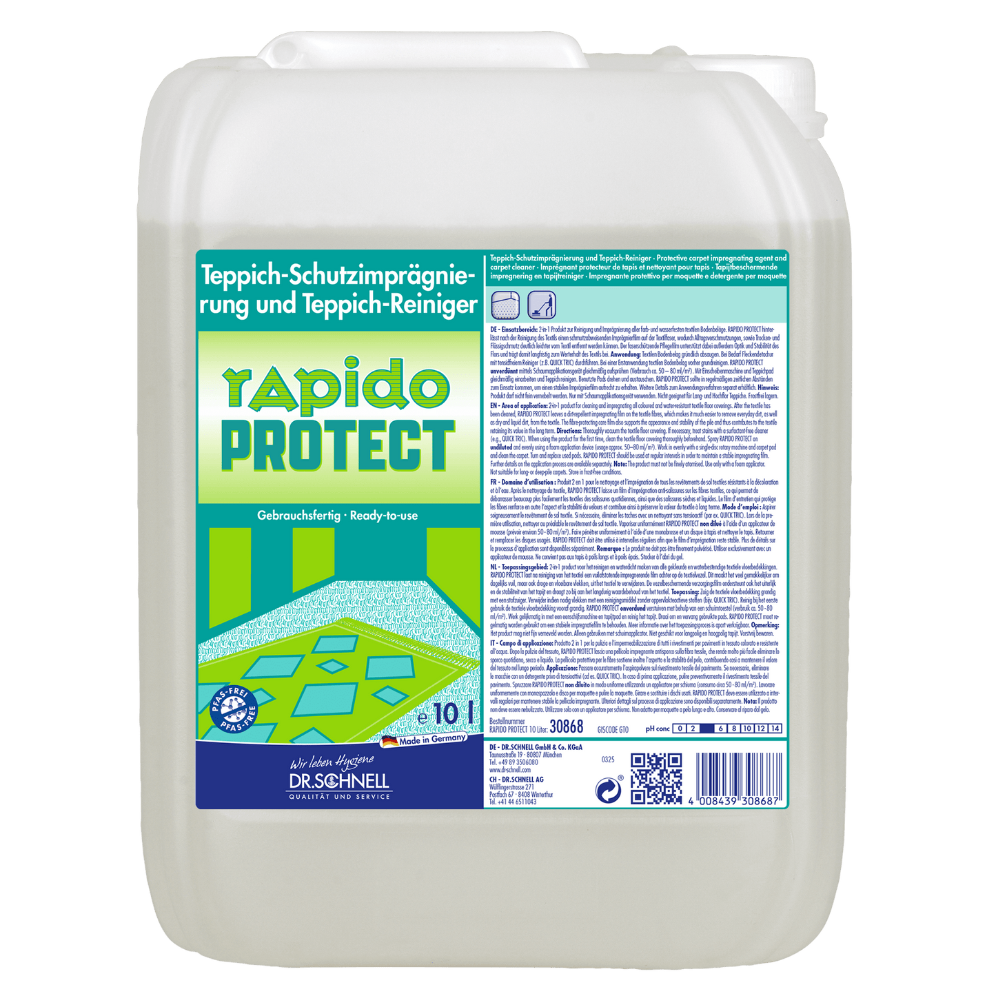 Um recipiente de 10L Dr. Schnell RAPIDO PROTECT limpeza de veículos, limpador de carpetes e impermeabilização da DR.SCHNELL GmbH & Co. KGaA, com rótulo alemão e gráfico de carpete. Ideal para a limpeza de veículos.