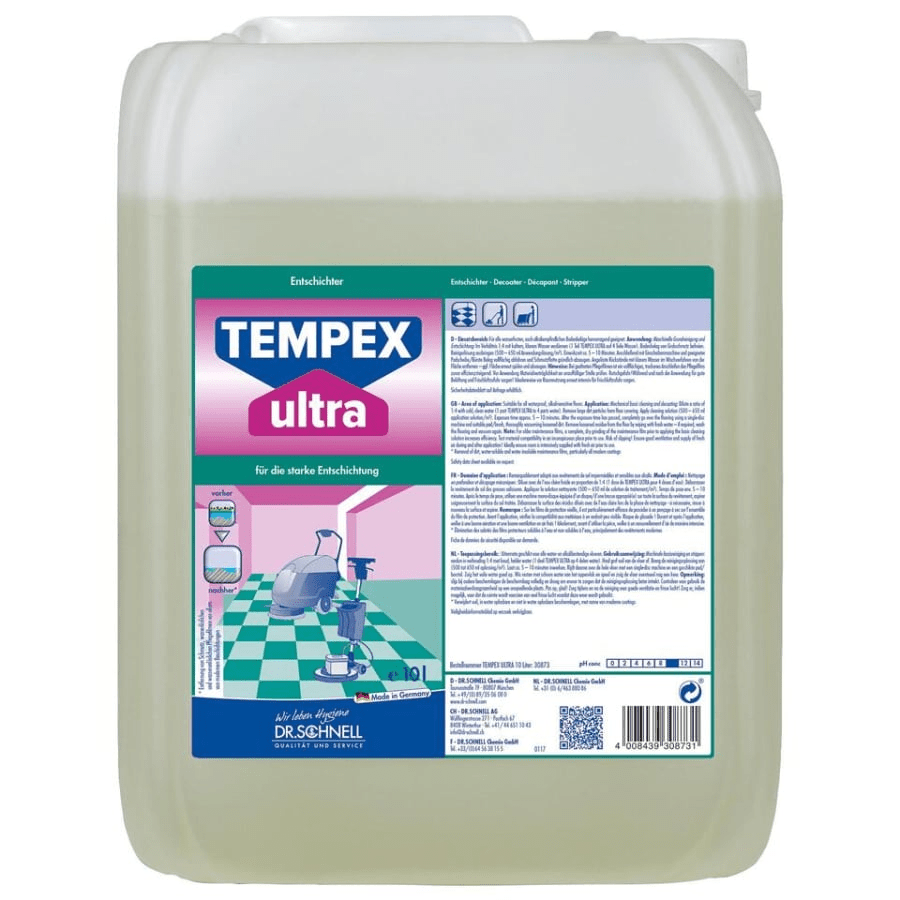 Um recipiente de plástico de 10L de Dr. Schnell TEMPEX ULTRA, um limpador de edifícios para pisos da DR.SCHNELL GmbH & Co. KGaA, um líquido de limpeza e descalcificação potente com rótulo detalhado para profissionais de limpeza de edifícios.