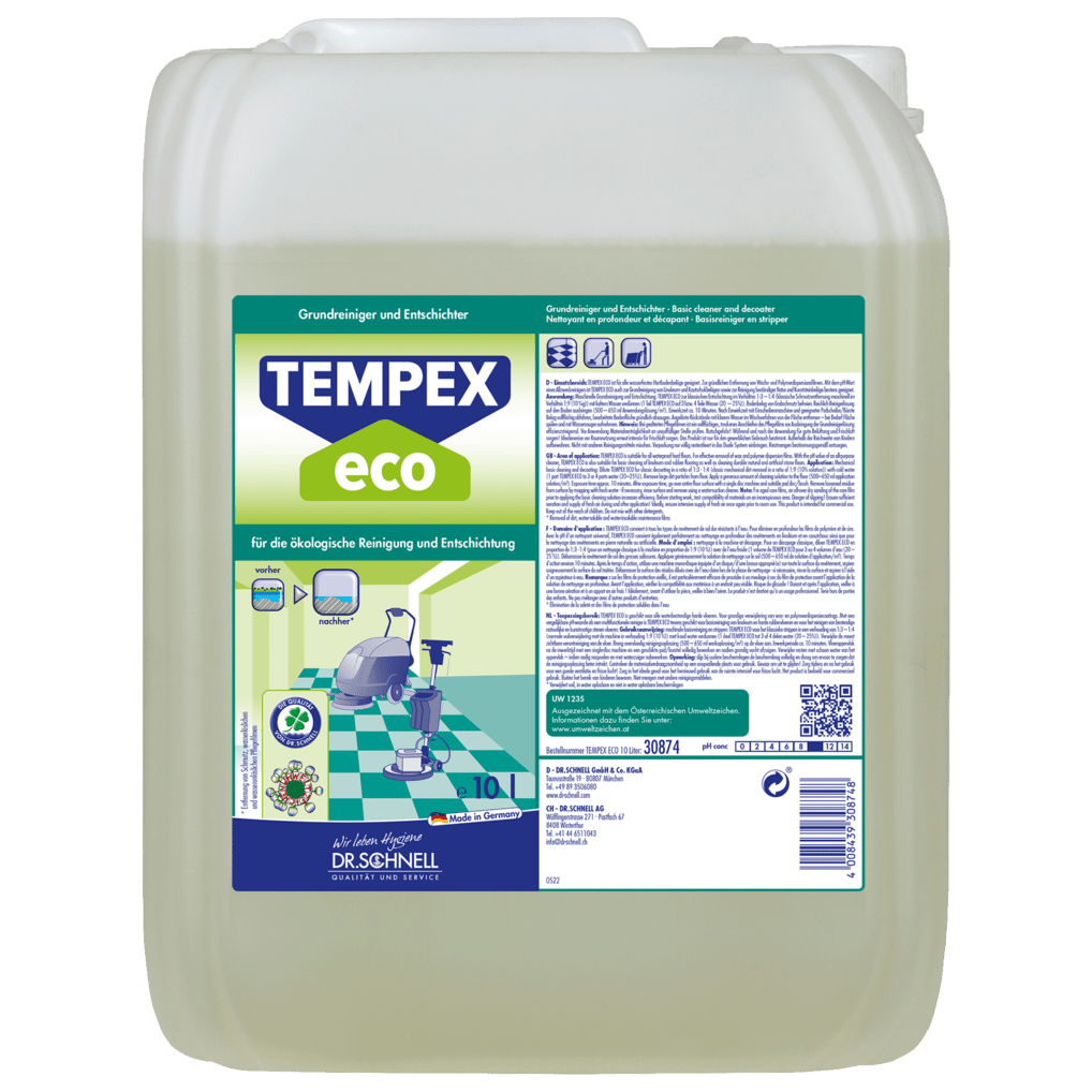 Um recipiente de 10 litros do Dr. Schnell TEMPEX ECO, um detergente ecológico para limpeza de edifícios e pisos da DR.SCHNELL GmbH & Co. KGaA, com um rótulo verde-azul que representa ferramentas de limpeza sobre um chão de azulejos.