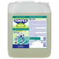 Um recipiente de 10 litros do Dr. Schnell TEMPEX ECO, um detergente ecológico para limpeza de edifícios e pisos da DR.SCHNELL GmbH & Co. KGaA, com um rótulo verde-azul que representa ferramentas de limpeza sobre um chão de azulejos.