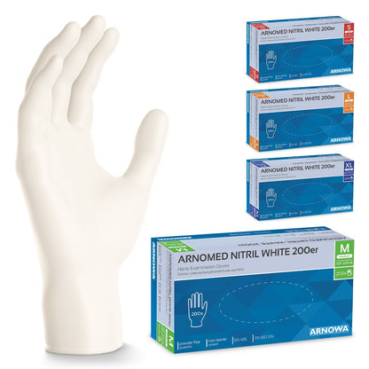Uma luva de nitrilo ARNOMED NITRIL WHITE 200 da ARNOWA GmbH está ao lado de quatro caixas em diferentes tamanhos - pequeno, médio, grande e extragrande - cada uma com etiquetas de cores diferentes.