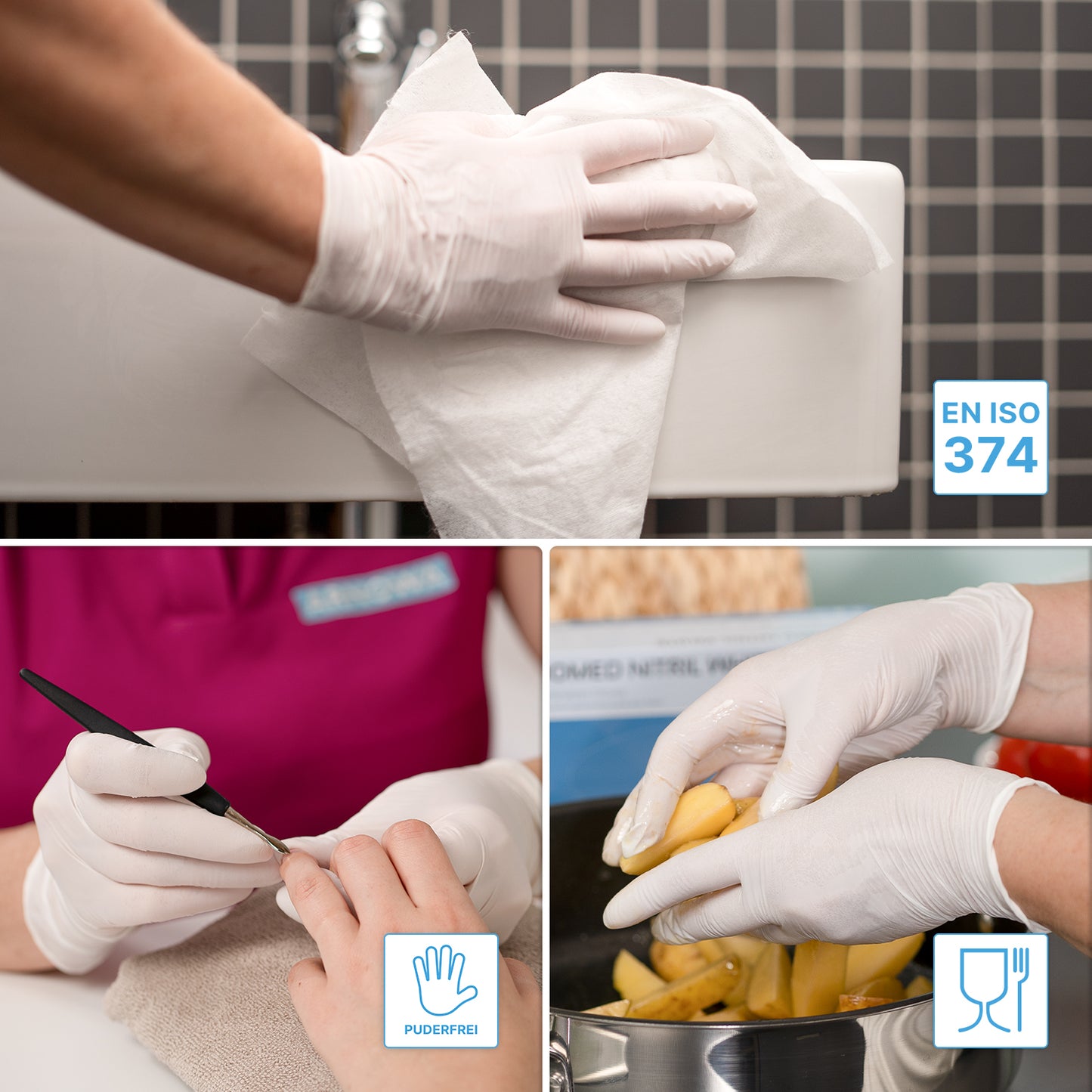 Uma colagem mostra mãos enluvadas com luvas de nitrilo ARNOMED NITRIL WHITE 200 da ARNOWA GmbH limpando, fazendo manicure e manuseando alimentos. Símbolos EN ISO 374, segurança alimentar e SEM PÓ identificam estas luvas descartáveis no pacote econômico de 200.