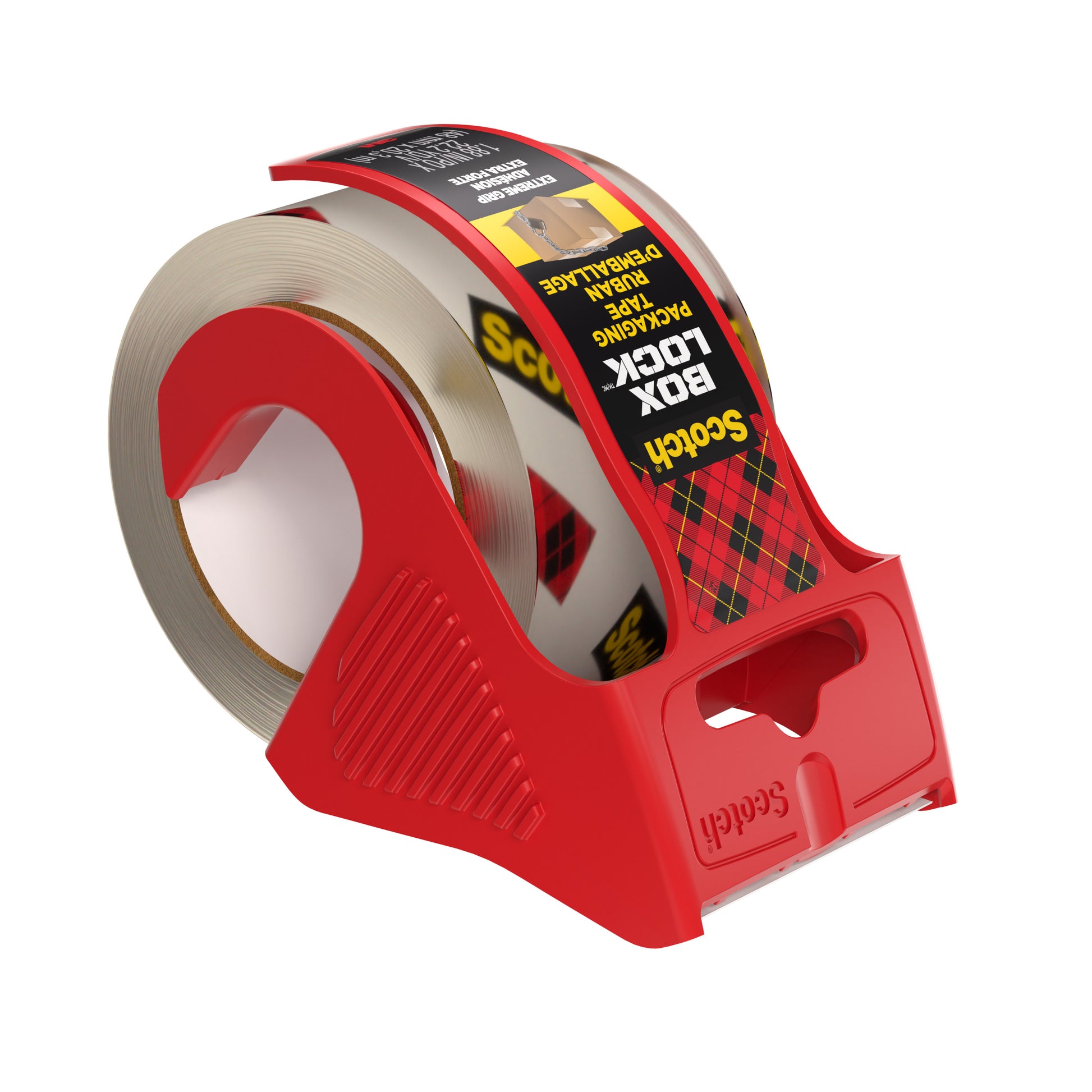 Eine Rolle Scotch® Box Lock™ Verpackungsklebeband 48 mm x 20,3 m von 3M Deutschland GmbH in einem roten Kunststoffspender zeichnet sich durch klares, haltbares Klebeband und ein schwarzes, gelbes und rotes Etikett zum einfachen Abspenden aus.