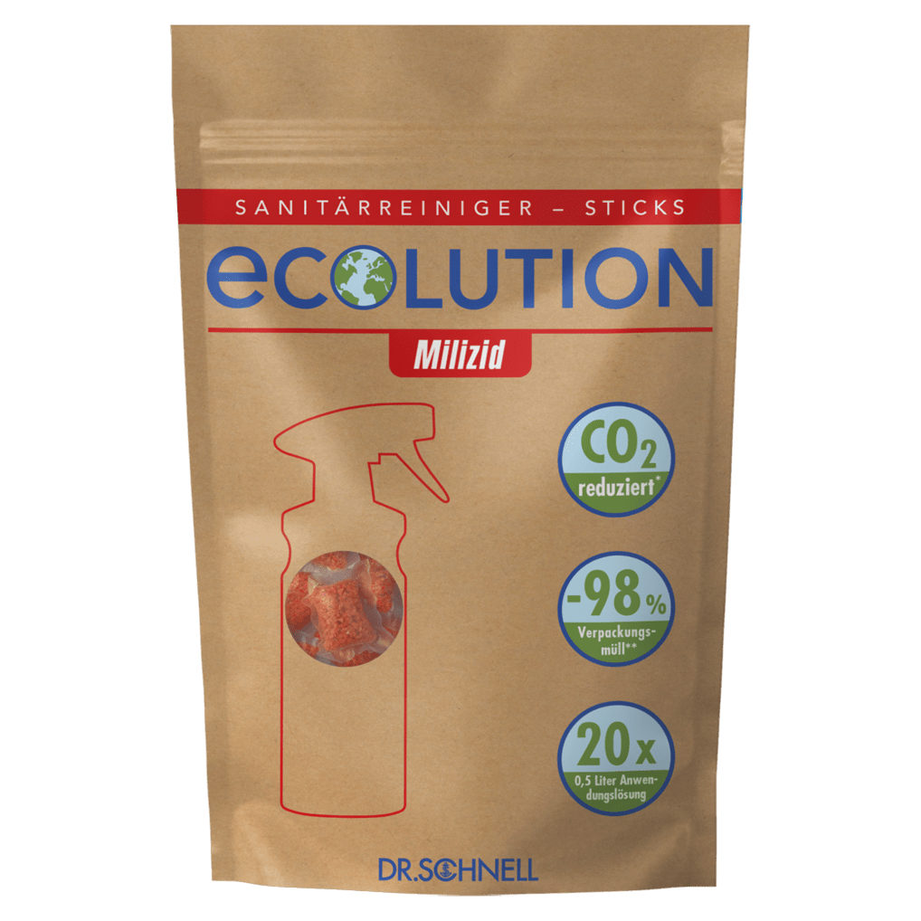 Um saco castanho resselável com a inscrição "Dr. Schnell ECOLUTION Milizid Sticks, detergente sanitário em pó/removedor de calcário (60 g)" da DR.SCHNELL GmbH & Co. KGaA mostra ícones: "CO2 reduzido!", "-98% de resíduos de embalagem", "20x 0,5L solução de aplicação" e um contorno de garrafa de spray vermelho.