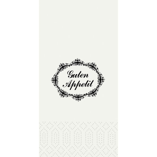 Ein verschnörkelter schwarzer Rahmen mit "Guten Appetit" in eleganter Schrift ziert die Duni GmbH Zelltuchservietten (33 x 33 cm, 2-lagig, 1/8 Kopffalz, Packung 300 Stück) - ideal für den stilvoll gedeckten Tisch.