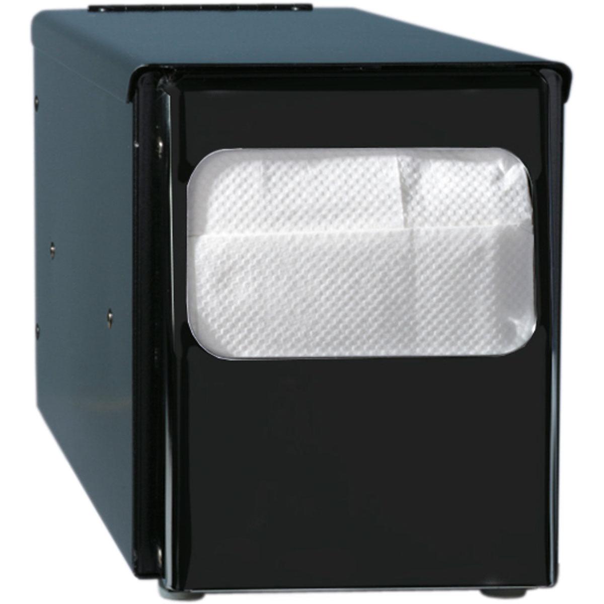 O dispensador de mesa Duni GmbH guardanapos 25x30 cm, uma camada, preto para gastronomia em metal em forma retangular com janela transparente mostra guardanapos brancos no interior e está sobre um fundo branco.