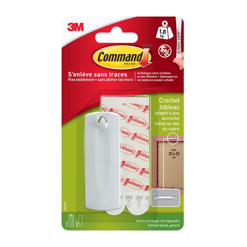 Uma embalagem de Command™ Sägezahn-Bildernagel 17040 da 3M Deutschland GmbH, com gancho branco e tiras adesivas para forte fixação - ideal para pendurar quadros até 1,8 kg e molduras até 20 x 25 cm, sem pregos.