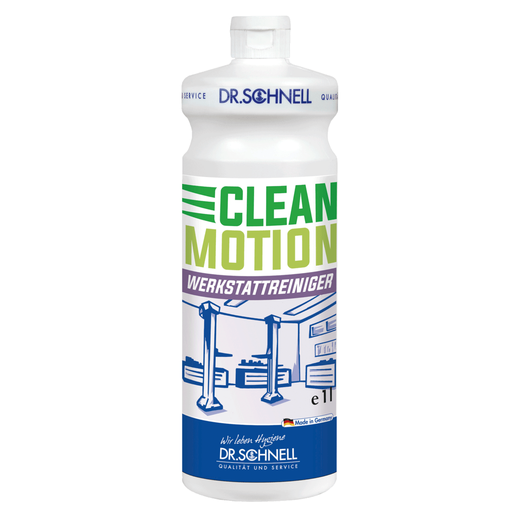 Uma garrafa branca de 1L Dr. Schnell CLEANMOTION WERKSTATTREINIGER da DR.SCHNELL GmbH & Co. KGaA, com texto verde e violeta, uma ilustração de uma oficina de automóveis e um logotipo azul Dr. Schnell na parte inferior.