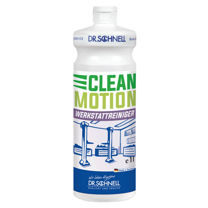 Uma garrafa branca de 1L Dr. Schnell CLEANMOTION WERKSTATTREINIGER da DR.SCHNELL GmbH & Co. KGaA, com texto verde e violeta, uma ilustração de uma oficina de automóveis e um logotipo azul Dr. Schnell na parte inferior.