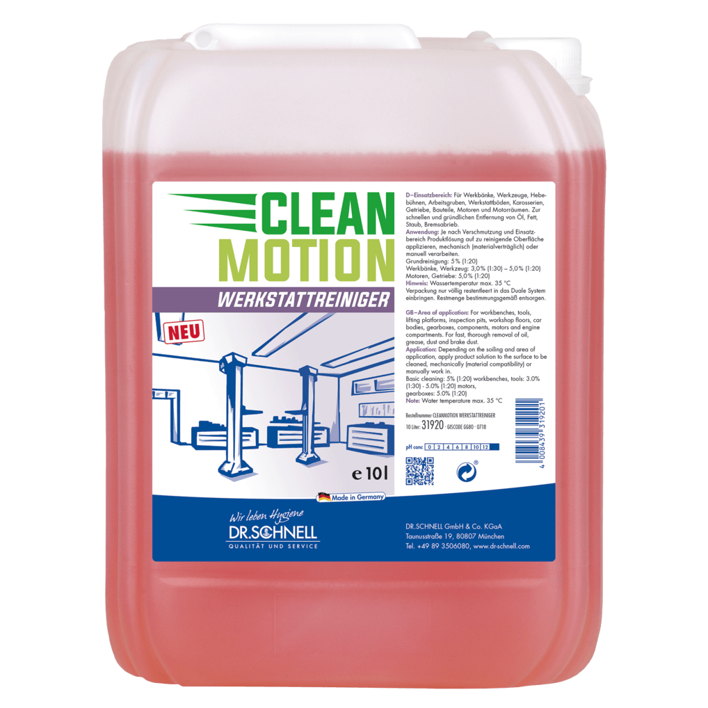 Um recipiente de 10 litros Dr. Schnell CLEANMOTION WERKSTATTREINIGER da DR.SCHNELL GmbH & Co. KGaA com líquido vermelho e um rótulo com motivo de oficina de automóveis e informações do produto em alemão - ideal para a limpeza eficaz de oficinas.