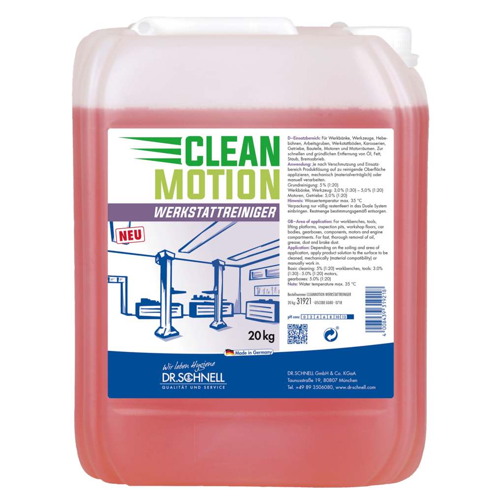 Um recipiente de plástico de 20 kg da DR.SCHNELL GmbH & Co. KGaA Dr. Schnell CLEANMOTION WERKSTATTREINIGER com líquido vermelho e um rótulo com informações do produto, instruções e uma oficina com elevadores para uma limpeza eficaz.