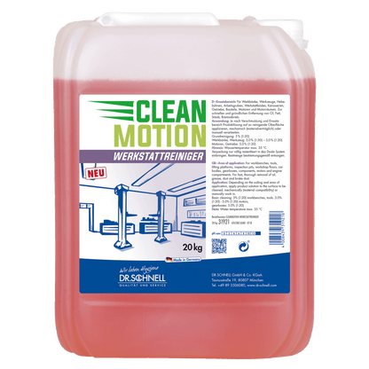 Um recipiente de plástico de 20 kg da DR.SCHNELL GmbH & Co. KGaA Dr. Schnell CLEANMOTION WERKSTATTREINIGER com líquido vermelho e um rótulo com informações do produto, instruções e uma oficina com elevadores para uma limpeza eficaz.