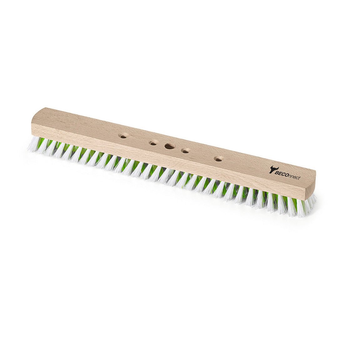 O Nölle Profi Brush BECOnnect 40 cm rodo para grandes superfícies tem uma base longa de madeira com cerdas de PP brancas e verdes, quatro orifícios e o logotipo Nölle Profi Brush no canto superior direito. Marca: Nölle Profi Brush Bürsten- & Pinseltechnik e.K.