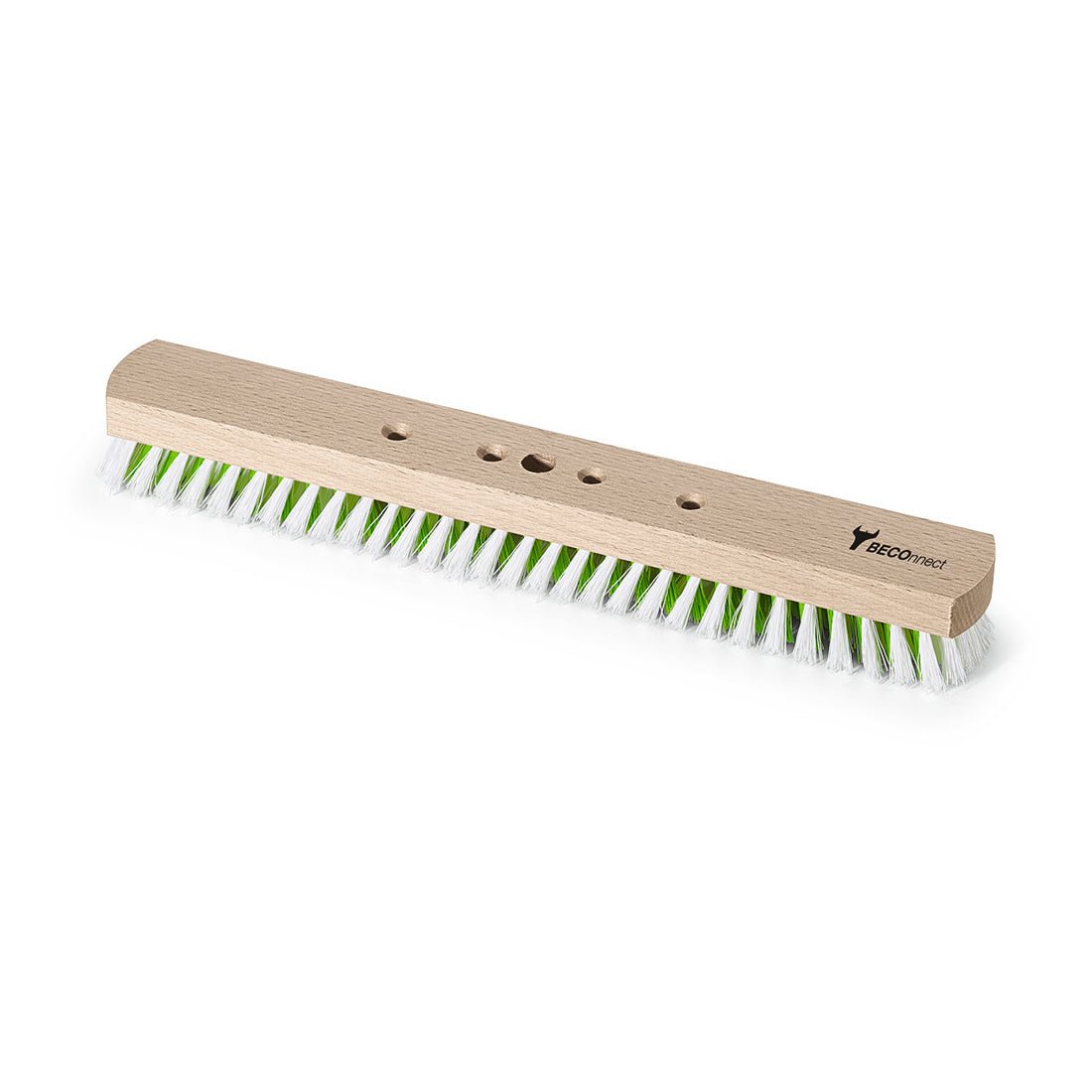 A escova profissional Nölle BECOnnect, esfregão de grande superfície de 40 cm, com cerdas de PP brancas e verdes, é mostrada de cima sobre um fundo branco e possui três orifícios para fixação do cabo. Marca: Nölle Profi Brush Bürsten- & Pinseltechnik e.K.