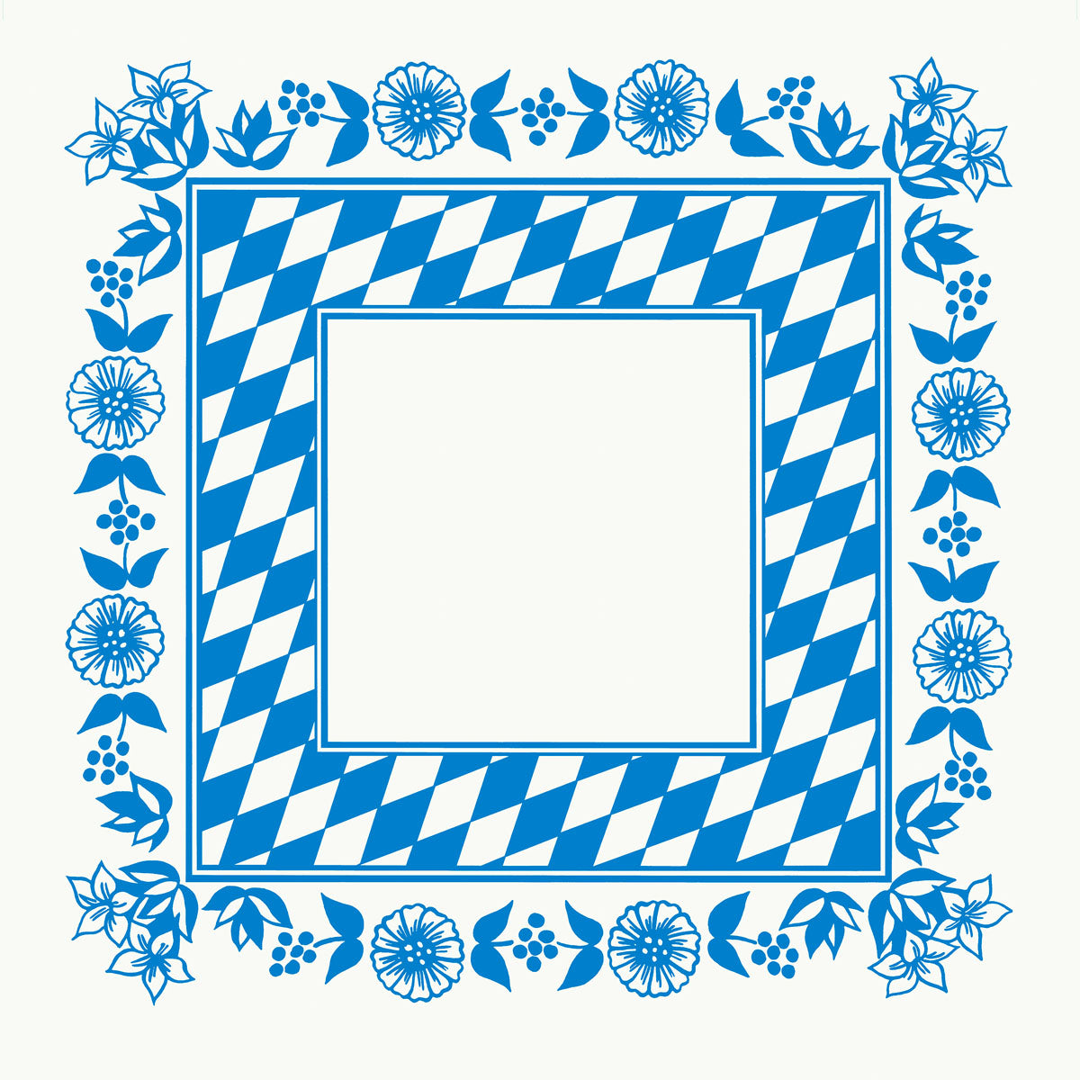 A toalha de mesa Dunicel 84x84 cm da Duni GmbH apresenta um padrão de losango bávaro azul e branco com acentos de flores azuis na borda, ideal para a Oktoberfest, e é fornecida em embalagens de 100 unidades. O centro é em branco para uso festivo versátil.
