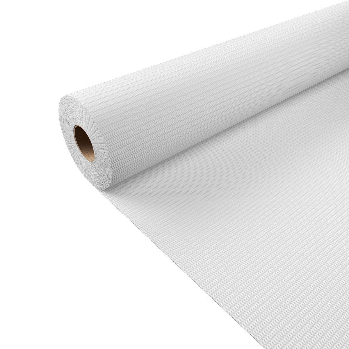 Um grande rolo de bases de mesa Duni GmbH 20 x 0,85 m para festividades e eventos é mostrado parcialmente desenrolado, com o tubo interno visível - a proteção de mesa perfeita para a gastronomia.