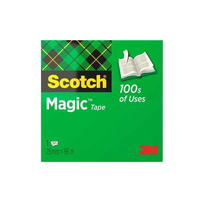 Uma caixa verde de Fita Invisível Scotch® Magic™ da 3M Deutschland GmbH com o logotipo Scotch, o símbolo de um livro aberto, "100s of Uses", "3M" em vermelho e a indicação 25 mm x 66 m com 1 rolo dentro.