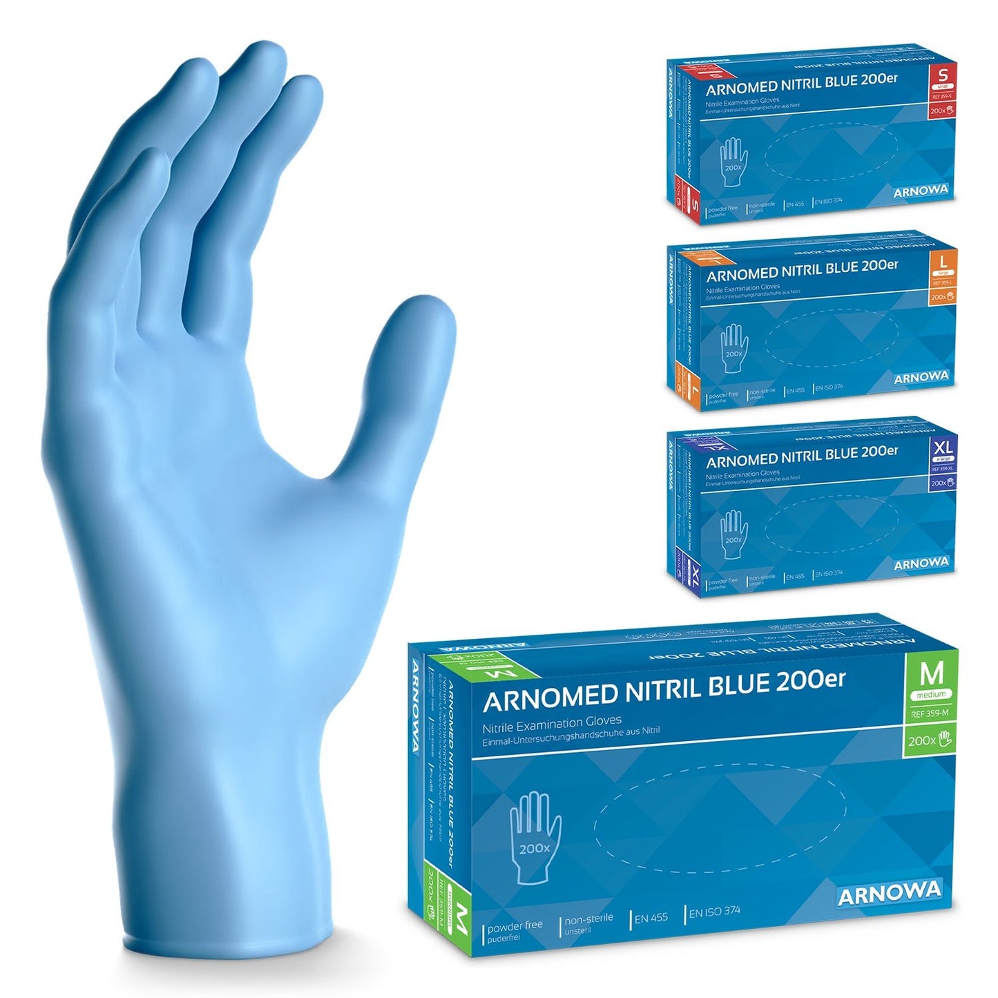 Uma grande luva de nitrilo azul está em pé ao lado de quatro caixas de luvas de nitrilo ARNOWA GmbH ARNOMED NITRIL BLUE 200er, disponíveis nos tamanhos S, M, L e XL, cada uma com etiquetas de tamanho codificadas por cor.