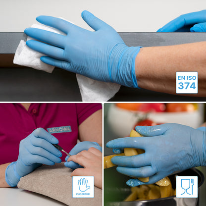 Uma colagem mostra luvas de nitrilo ARNOMED NITRIL BLUE 200er azuis da ARNOWA GmbH para limpeza, cuidados com as unhas e manuseio de alimentos. Ícones mostram a certificação do pacote econômico de 200 unidades de acordo com EN ISO 374 e a adequação para contato com alimentos e prevenção de alergias.
