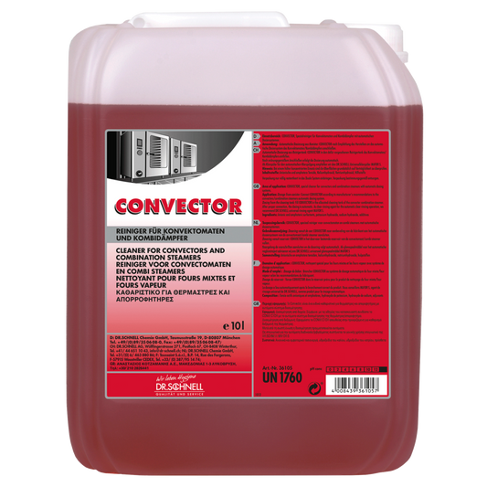 Ein 10-Liter-Kanister Dr. Schnell CONVECTOR Küchen- und Lebensmittelhygiene Reiniger für Heißluftdämpfer von DR.SCHNELL GmbH & Co. KGaA, mit mehrsprachigem Etikett mit Hinweisen und Sicherheitshinweisen.