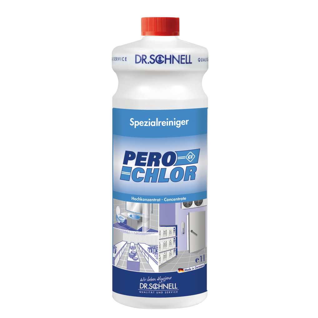 Eine 1L weiße Kunststoffflasche der DR.SCHNELL GmbH & Co. KGaA PERO CHLOR Chlorreiniger für Oberflächen mit roter Kappe und blauem Etikett, beschriftet in Deutsch für professionelle Küchen- und Lebensmittelhygiene.