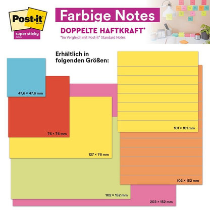 Estão ilustrados os Post-it® Super Sticky Notes em formato grande da 3M, pautado, 101 mm × 152 mm nas cores amarelo, rosa, laranja, verde e azul. Cada pacote contém três blocos certificados PEFC com 75 folhas cada.