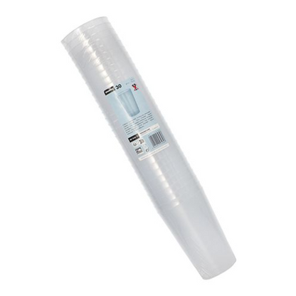 Uma pilha de copos de plástico reutilizáveis Starpak PP 0,5 l, embrulhados em filme retrátil transparente com etiqueta e código de barras. Os copos estão dispostos verticalmente diante de um fundo branco simples.