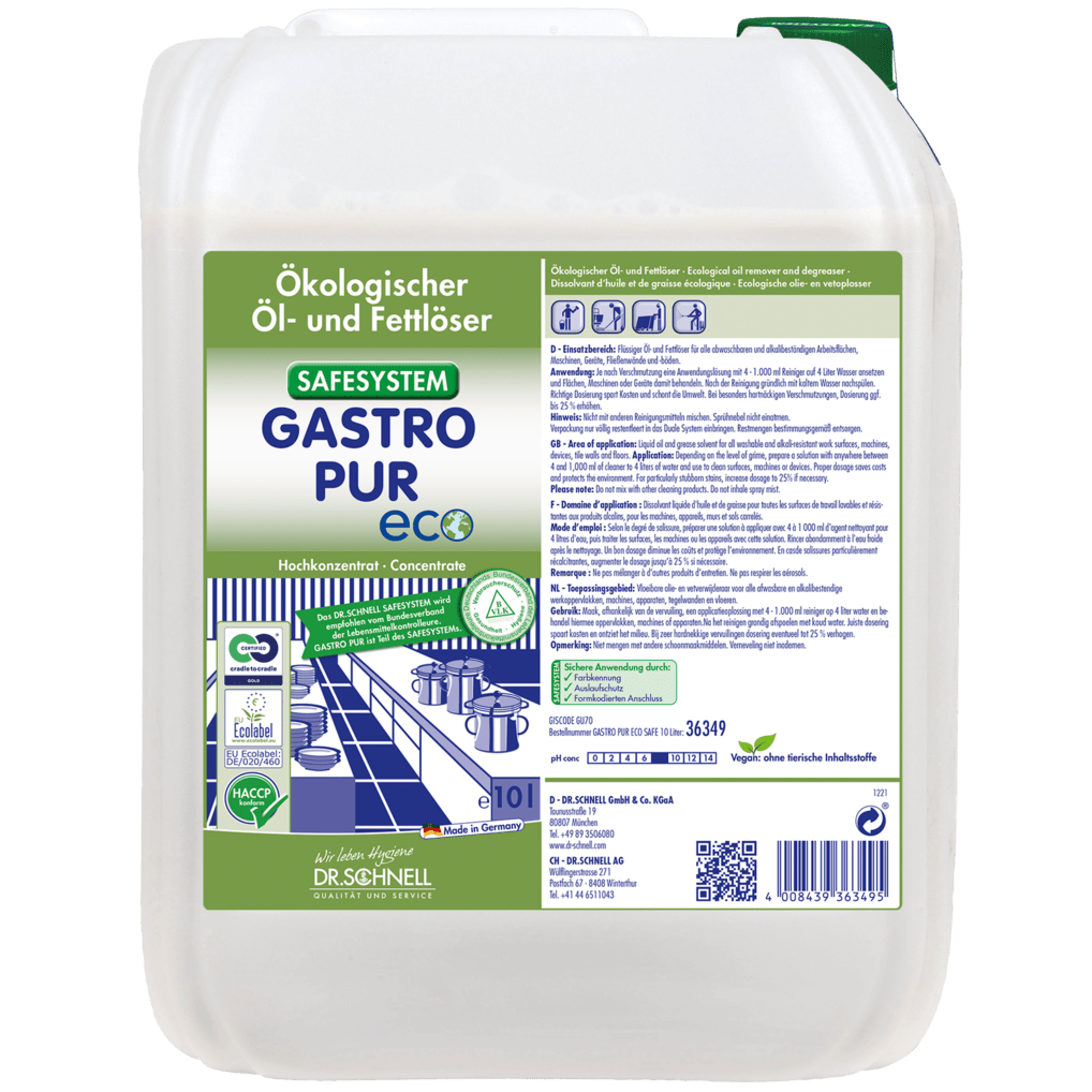Um recipiente de plástico branco de 10 litros com a inscrição "Dr. Schnell GASTRO PUR ECO removedor de óleo e gordura para superfícies" da DR.SCHNELL GmbH & Co. KGaA, com pictogramas e uma imagem para a limpeza de cozinhas na gastronomia.