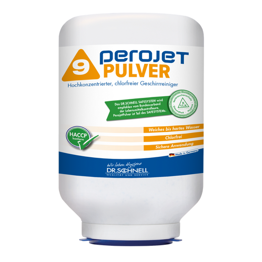 Eine weiße 3kg-Kartusche der DR.SCHNELL GmbH & Co. KGaA PEROJET PULVER 9, ein chlorfreies Geschirrspülmittel für gewerbliche Maschinen, mit farbigen Etiketten, deutschem Text und HACCP-Zertifizierung.