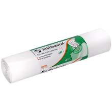 Um rolo branco EMIL DEISS KG (GmbH + Co.) DEISS 36519 sacos de lixo, 300+300x700 mm, 50 unidades, com etiqueta verde e branca com ilustração de mão para fácil abertura; biodegradável.