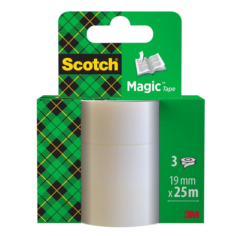 A 3M Deutschland GmbH oferece a fita adesiva invisível Scotch® Magic™ 8-1925R3 como recarga com três rolos de 19 mm x 25 m no design xadrez verde e com branding visível na embalagem.