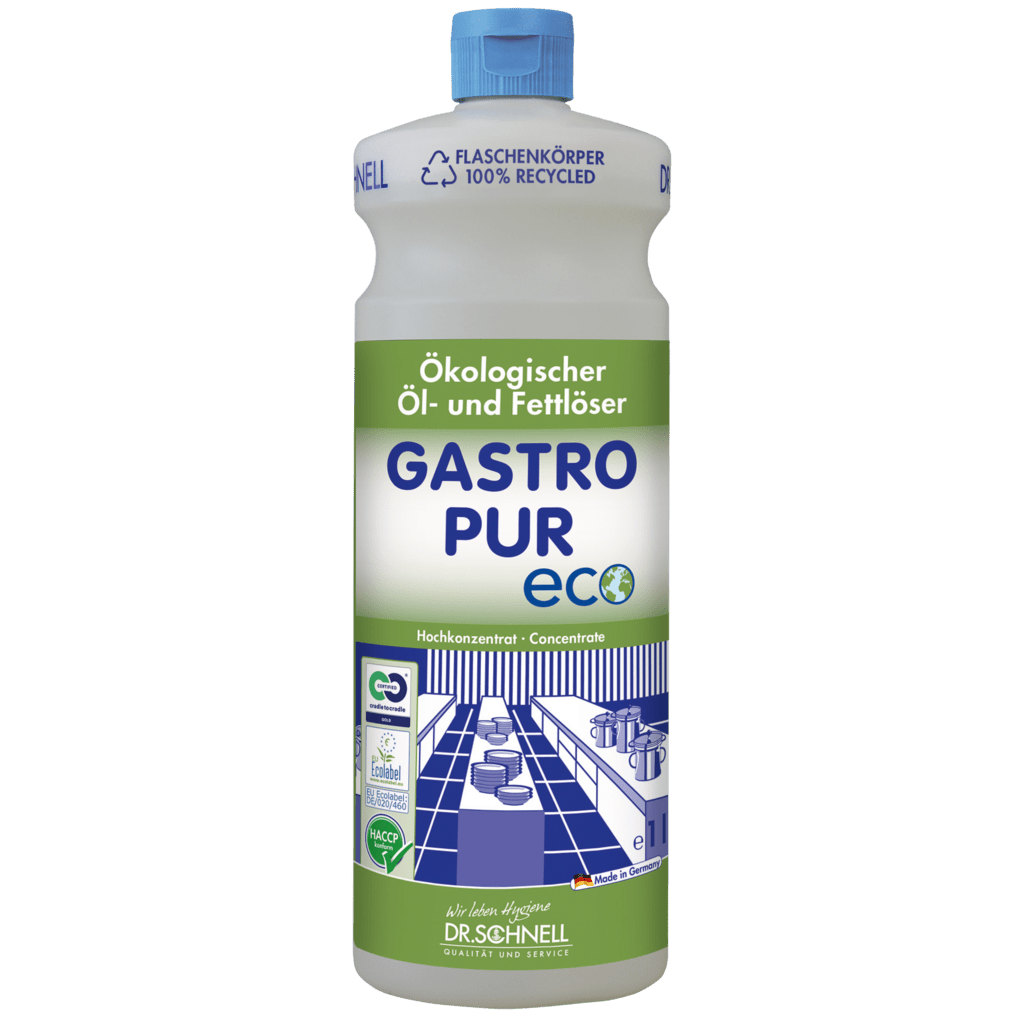 Uma garrafa Dr. Schnell GASTRO PUR ECO removedor de óleo e gordura para superfícies da DR.SCHNELL GmbH & Co. KGaA está equipada com rótulo verde e azul, tampa azul, símbolos de reciclagem, texto em alemão e uma ilustração da cozinha industrial.