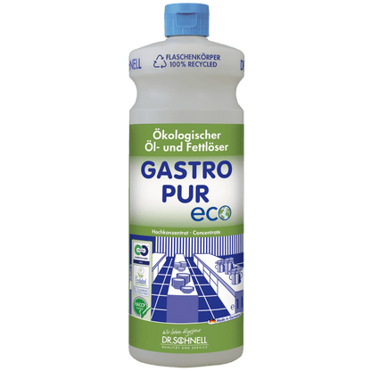 Uma garrafa Dr. Schnell GASTRO PUR ECO removedor de óleo e gordura para superfícies da DR.SCHNELL GmbH & Co. KGaA está equipada com rótulo verde e azul, tampa azul, símbolos de reciclagem, texto em alemão e uma ilustração da cozinha industrial.