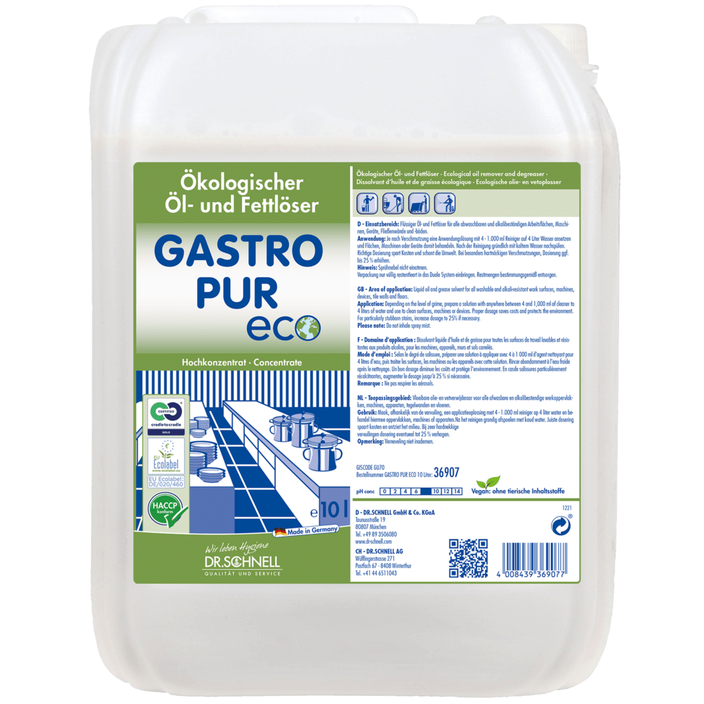 Um recipiente de 10 litros do Dr. Schnell GASTRO PUR ECO removedor de óleo e gordura para superfícies da DR.SCHNELL GmbH & Co. KGaA mostra no rótulo detalhes do produto, certificações, instruções de uso e gráficos de cozinha nas cores verde, azul e branco.