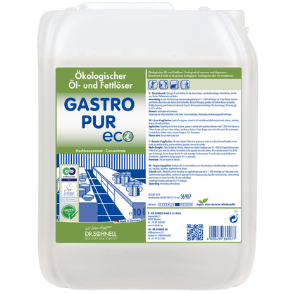 Um recipiente de 10 litros do Dr. Schnell GASTRO PUR ECO removedor de óleo e gordura para superfícies da DR.SCHNELL GmbH & Co. KGaA mostra no rótulo detalhes do produto, certificações, instruções de uso e gráficos de cozinha nas cores verde, azul e branco.