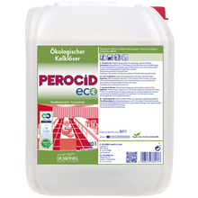 Ein großer weißer Behälter mit rotem Deckel und der Aufschrift "Dr. Schnell PEROCID ECO Kalklöser für Oberflächen" der DR.SCHNELL GmbH & Co. KGaA, mit deutschem Text und umweltfreundlichen Reinigungssymbolen, ideal für die Oberflächenentkalkung.