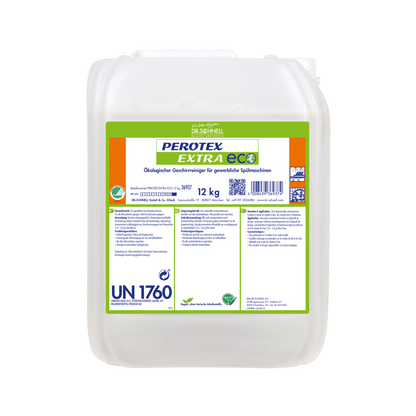 Ein 12 kg weißer Kunststoffbehälter von Dr. Schnell PEROTEX EXTRA ECO Geschirrreiniger für gewerbliche Spülmaschinen von DR.SCHNELL GmbH & Co. KGaA, mit grün-orangem Etikett, Produktinformationen und Sicherheitssymbolen.