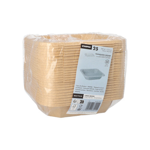 Uma pilha de 25 Starpak Lunchboxen, Pappe eckig, está envolta em plástico transparente e tem na frente um rótulo com detalhes do produto e uma imagem de um recipiente individual.