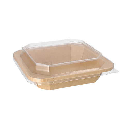As Starpak 25 Lunchboxen de cartão castanho, eckig com cantos ligeiramente arredondados e tampa de plástico transparente, estão sobre um fundo branco simples.