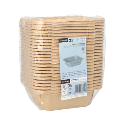 Um pacote com 25 lancheiras retangulares Starpak de cartão castanho, envoltas em película de plástico, com um rótulo na frente que mostra a marca Starpak e informações sobre o produto. Perfeito como lancheira ecológica para qualquer evento.